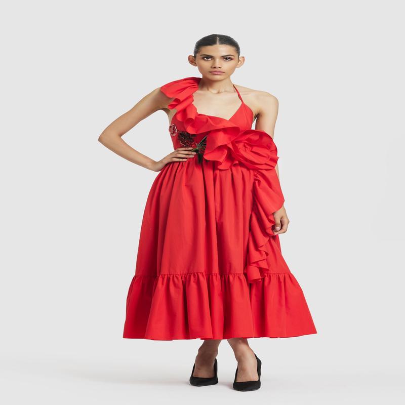 Ruby Red Ruffle Dress Red Ruffled Midi Dress | Dresses | velvetdresslies.com